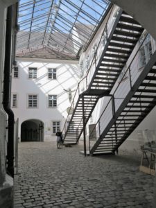 Germany, Bavaria, Andechs Monastery, inner courtyard of the monastery church, stairs Germany, Bavaria, Andechs Monastery, inner courtyard of the monastery church, stairs