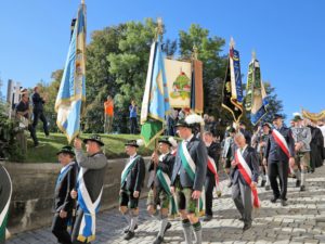 Germany, Bavaria, Andechs, Three Hosts Fest, procession, flag bearer Germany, Bavaria, Andechs, Three Hosts Fest, procession, flag bearer