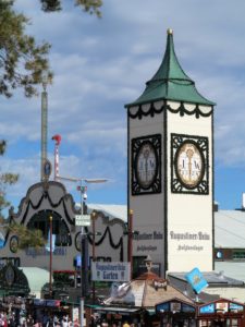 Germany, Bavaria, Munich, Oktoberfest, Augustiner Bräu, beer tower and marquee Germany, Bavaria, Munich, Oktoberfest, Augustiner Bräu, beer tower and marquee