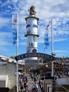 Germany, Bavaria, Munich, Oktoberfest, Löwenbräu, beer tower with lion, beer garden, sign "goodbye" Germany, Bavaria, Munich, Oktoberfest, Löwenbräu, beer tower with lion, beer garden, sign "goodbye"