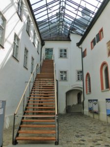 Germany, Bavaria, Andechs Monastery, courtyard, stairs Germany, Bavaria, Andechs Monastery, courtyard, stairs