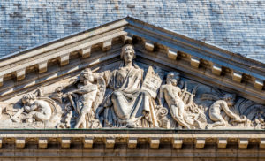 France, New Aquitaine, Bordeaux, pediment of the stock exchange building (UNESCO World Heritage)