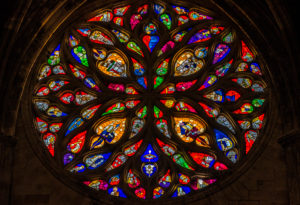 France, New Aquitaine, Bordeaux, rose window of the Cathedral Saint-Andre (UNESCO World Heritage) (Saint James way)