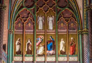 France, Bordeaux, cathedral Saint-Andre, chapel of the Carmel, painted figures of the 19th century (UNESCO World Heritage) Saint James way