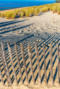 France, New Aquitaine, Arcachon Bay, Petit Nice beach, sand fences (ganivelle) against erosion