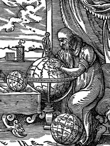 An astronomer and astrologer in his study, plotting points on a globe with a pair of dividers. Woodcut from Jost Amman's Book of Trades, 1568.