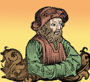 Anaximenes of Miletus (c.586 - c.526 BC) was an Ancient Greek, Pre-Socratic philosopher, active in the 6th century BC. Woodcut from Liber Chronicarum (Nuremberg Chronicle) by Hartmann Schedel, 1493. Colorized.