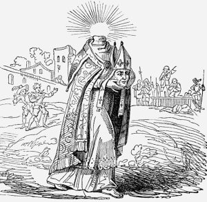 Denis of Paris was a 3rd-century Christian martyr and saint. He is the patron saint of Paris. This woodcut shows him clad in his bishop's robe, carrying his head in his arms after his martyrdom by decapitation. Illustration, 1826.