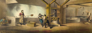 Men rendering pork in a pork packing plant in Cincinnati, 1873. Chromolithograph.