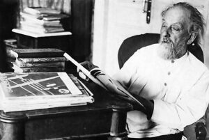 Konstantin Tsiolkovsky (1857-1935), Russian and Soviet rocket scientist who pioneered astronautic theory and is considered a founding father of modern rocketry and astronautics. He is shown here in his workroom in 1934. Photo by Feodosiy Chmil.