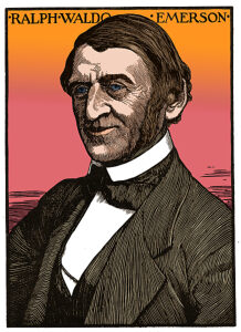 Ralph Waldo Emerson (1803-1882), American essayist, lecturer, philosopher, abolitionist, and poet who led the transcendentalist movement of the mid-19th century. Woodcut by Robert Bryden (1865-1939), a Scots artist and sculptor, 1901. Colorized.