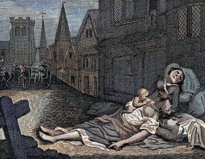 Two women lying dead in a London street during the great plague, 1665, one with a child who is still alive. Etching after R. Pollard II, c. 19th C.