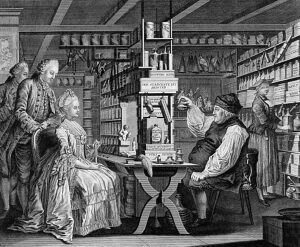 Swiss doctor Michel Schuppach (1707-1781) in his pharmacy examining a young woman's urine; she is seated opposite him awaiting the result. Line engraving by B. Hubner, 1775, after G. Locher, 1774.