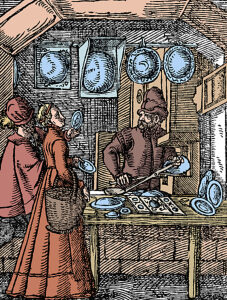 A mirror maker in his workshop, with convex mirrors on display and two customers trying out hand-held mirrors. Woodcut from Jost Amman's Book of Trades, 1568. Colorized.