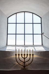 Seven-branched candelabrum and window in the Ny Kirke (12th century), Europe, Denmark, Bornholm, Nyker, Seven-branched candelabrum and window in the Ny Kirke (12th century), Europe, Denmark, Bornholm, Nyker,