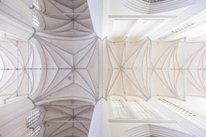 Europe, Germany, Mecklenburg-West Pomerania, Rostock. The stellar vault of the Church of St. Mary (completed in 1454) with the central bigger crossing. Europe, Germany, Mecklenburg-West Pomerania, Rostock. The stellar vault of the Church of St. Mary (completed in 1454) with the central bigger crossing.