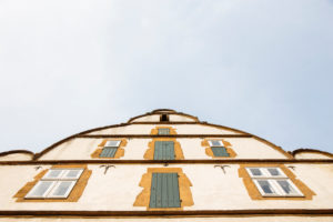 Europe, Germany, North Rhine-Westphalia, Bielefeld. Facade and gable of the reflector court (builds in 1540). Europe, Germany, North Rhine-Westphalia, Bielefeld. Facade and gable of the reflector court (builds in 1540).