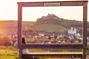 Falkenstein, Falkenstein castle, blooming fruit trees, church Falkenstein in Weinviertel region, Lower Austria, Austria Falkenstein, Falkenstein castle, blooming fruit trees, church Falkenstein in Weinviertel region, Lower Austria, Austria