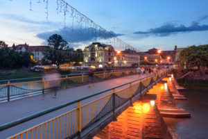 Uzhhorod, Ungwar, Uzh River, pedestrian bridge at old town in Transcarpathian Oblast, Transcarpathia, Zakarpattia, Ukraine Uzhhorod, Ungwar, Uzh River, pedestrian bridge at old town in Transcarpathian Oblast, Transcarpathia, Zakarpattia, Ukraine
