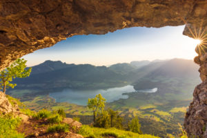 Strobl, lake Wolfgangsee, town St. Wolfgang im Salzkammergut, mountain Schafberg, view from mountain Bleckwand, rock hole in Salzkammergut, Salzburg, Austria Strobl, lake Wolfgangsee, town St. Wolfgang im Salzkammergut, mountain Schafberg, view from mountain Bleckwand, rock hole in Salzkammergut, Salzburg, Austria