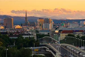 Wien / Vienna, Stephansdom (St. Stephen's Cathedral), Vienna city center, bridge Reichsbrücke, overview, Vienna, Austria Wien / Vienna, Stephansdom (St. Stephen's Cathedral), Vienna city center, bridge Reichsbrücke, overview, Vienna, Austria