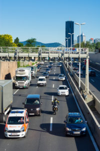 Wien / Vienna, freeway A22 Donauuferautobahn, mountain Kahlenberg, DC Tower 1, cars, traffic jam in 22. Donaustadt, Vienna, Austria Wien / Vienna, freeway A22 Donauuferautobahn, mountain Kahlenberg, DC Tower 1, cars, traffic jam in 22. Donaustadt, Vienna, Austria