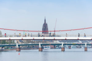 Germany, Hesse, Frankfurt, the Holbeinsteg, suspension bridge over the Main. Germany, Hesse, Frankfurt, the Holbeinsteg, suspension bridge over the Main.