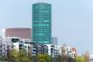 Germany, Hessen, Frankfurt, row of houses at Speicherstraße, with the Westhafen Tower. Germany, Hessen, Frankfurt, row of houses at Speicherstraße, with the Westhafen Tower.