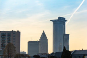 Germany, Hesse, Frankfurt, Frankfurt skyline, DZ Bank skyscraper, in the background the Messeturm. Germany, Hesse, Frankfurt, Frankfurt skyline, DZ Bank skyscraper, in the background the Messeturm.