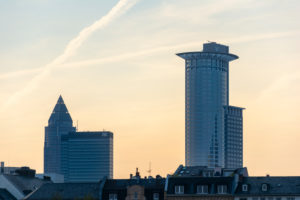 Germany, Hesse, Frankfurt, Frankfurt skyline, DZ Bank skyscraper, in the background the Messeturm. Germany, Hesse, Frankfurt, Frankfurt skyline, DZ Bank skyscraper, in the background the Messeturm.