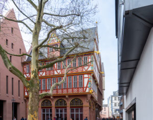 Germany, Hesse, Frankfurt, reconstruction "Haus zur Goldenen Waage" medieval half-timbered house in the old town. Germany, Hesse, Frankfurt, reconstruction "Haus zur Goldenen Waage" medieval half-timbered house in the old town.