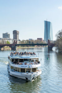 Germany, Hesse, Frankfurt, excursion boat on the Main. In the background the Old Bridge and the ECB skyscraper. Germany, Hesse, Frankfurt, excursion boat on the Main. In the background the Old Bridge and the ECB skyscraper.
