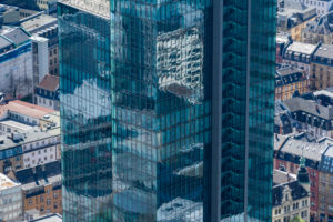 Germany, Hesse, Frankfurt, view from the Main Tower on the facade of the Commerzbank skyscraper. Germany, Hesse, Frankfurt, view from the Main Tower on the facade of the Commerzbank skyscraper.