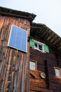 Austria, Montafon, mountain hut with solar panel. Austria, Montafon, mountain hut with solar panel.