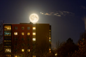 Germany, Baden-Wuerttemberg, Karlsruhe, residential complex with full moon. Germany, Baden-Wuerttemberg, Karlsruhe, residential complex with full moon.