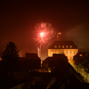 Germany, Baden-Württemberg, Karlsruhe, New Year's Eve in the Durlach district, fireworks at the Karlsburg. Germany, Baden-Württemberg, Karlsruhe, New Year's Eve in the Durlach district, fireworks at the Karlsburg.