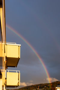 Germany, Baden-Wuerttemberg, Karlsruhe, rainbow at a residential complex. Germany, Baden-Wuerttemberg, Karlsruhe, rainbow at a residential complex.