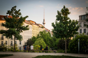 Panoramic view from Wasserturmplatz square in direction of Mitte, Prenzlauer Berg, Berlin Panoramic view from Wasserturmplatz square in direction of Mitte, Prenzlauer Berg, Berlin