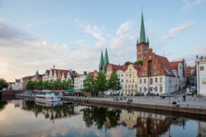 Lübeck old town, ship pier, brick Gothic, Hanseatic League, church towers Lübeck old town, ship pier, brick Gothic, Hanseatic League, church towers