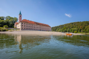 Weltenburg Abbey on the Danube River, from boat Weltenburg Abbey on the Danube River, from boat