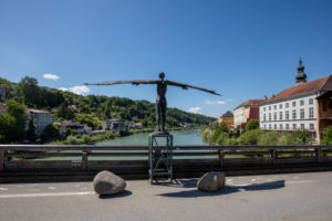 Salzach bridge Burghausen, Ikarus statue, bronze figure Salzach bridge Burghausen, Ikarus statue, bronze figure