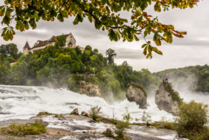 View over Rhine Falls and Rhine Falls rock to Castle Laufen, near Schaffhausen, Switzerland View over Rhine Falls and Rhine Falls rock to Castle Laufen, near Schaffhausen, Switzerland