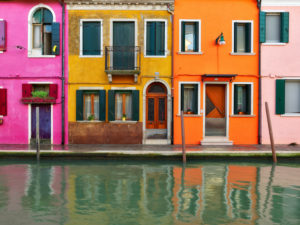 Houses, colored, colorful, colorful, canal, boats, jetty, clothesline, reflection, clouds, blue sky, autumn Houses, colored, colorful, colorful, canal, boats, jetty, clothesline, reflection, clouds, blue sky, autumn