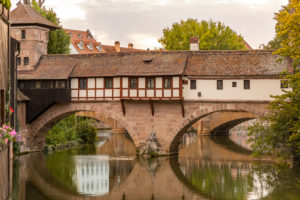View from Flea Market Bridge to the Pegnitz (river) and the Henker's Bridge in the evening light, Nuremberg city center, Franconia, Bavaria, Germany View from Flea Market Bridge to the Pegnitz (river) and the Henker's Bridge in the evening light, Nuremberg city center, Franconia, Bavaria, Germany