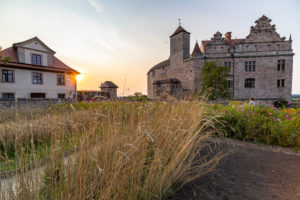 Grain and flower meadow in front of Cadolzburg Castle at sunset, Cadolzburg, Franconia, Bavaria, Germany Grain and flower meadow in front of Cadolzburg Castle at sunset, Cadolzburg, Franconia, Bavaria, Germany