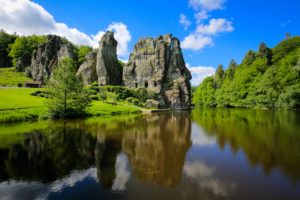 Externsteine, sandstone rock formation in the Teutoburg Forest, Horn-Bad Meinberg, North Rhine-Westphalia, Germany Externsteine, sandstone rock formation in the Teutoburg Forest, Horn-Bad Meinberg, North Rhine-Westphalia, Germany