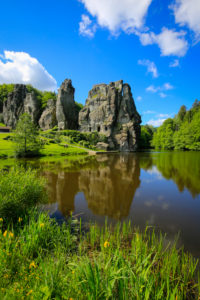 Externsteine, sandstone rock formation in the Teutoburg Forest, Horn-Bad Meinberg, North Rhine-Westphalia, Germany Externsteine, sandstone rock formation in the Teutoburg Forest, Horn-Bad Meinberg, North Rhine-Westphalia, Germany