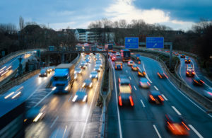 Rush hour traffic on the A40 motorway in Essen, blue environmental zone, this area would be affected by a diesel driving ban, Essen, Ruhr area, North Rhine-Westphalia, Germany Rush hour traffic on the A40 motorway in Essen, blue environmental zone, this area would be affected by a diesel driving ban, Essen, Ruhr area, North Rhine-Westphalia, Germany