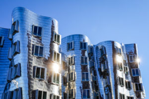 Gehry houses, Neuer Zollhof in the Medienhafen, Duesseldorf, North Rhine-Westphalia, Germany Gehry houses, Neuer Zollhof in the Medienhafen, Duesseldorf, North Rhine-Westphalia, Germany