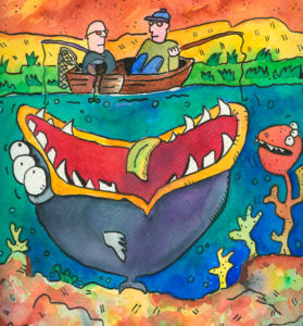 Illustration, angler in the boat, sea monster Illustration, angler in the boat, sea monster